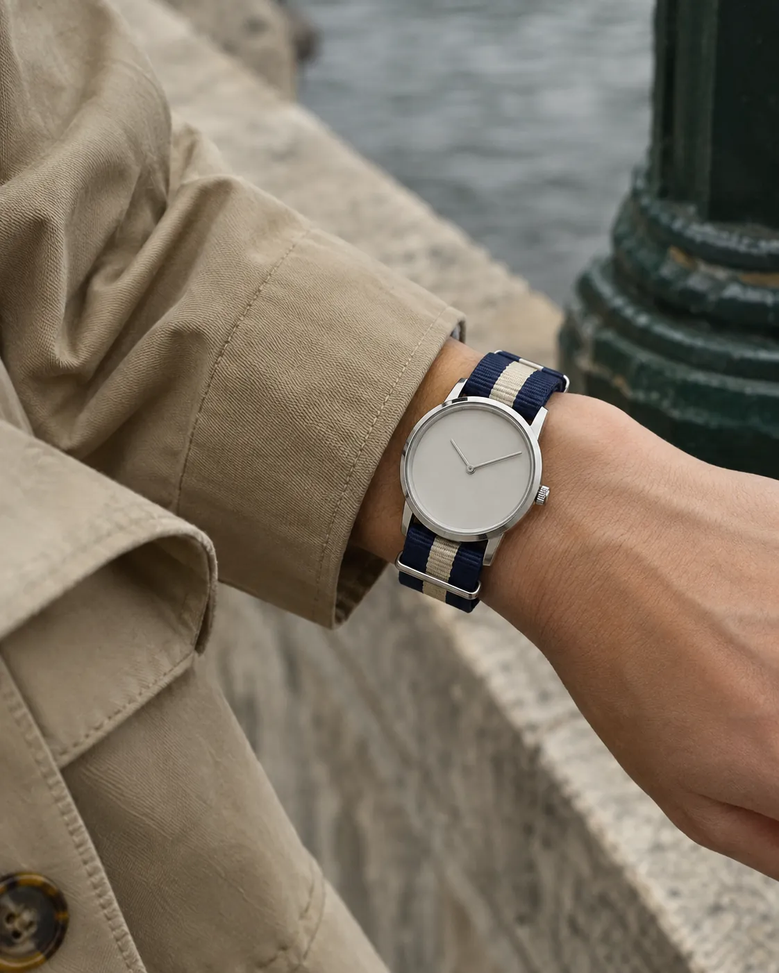 Getragen: das Nylonarmband in Navy und Creme
