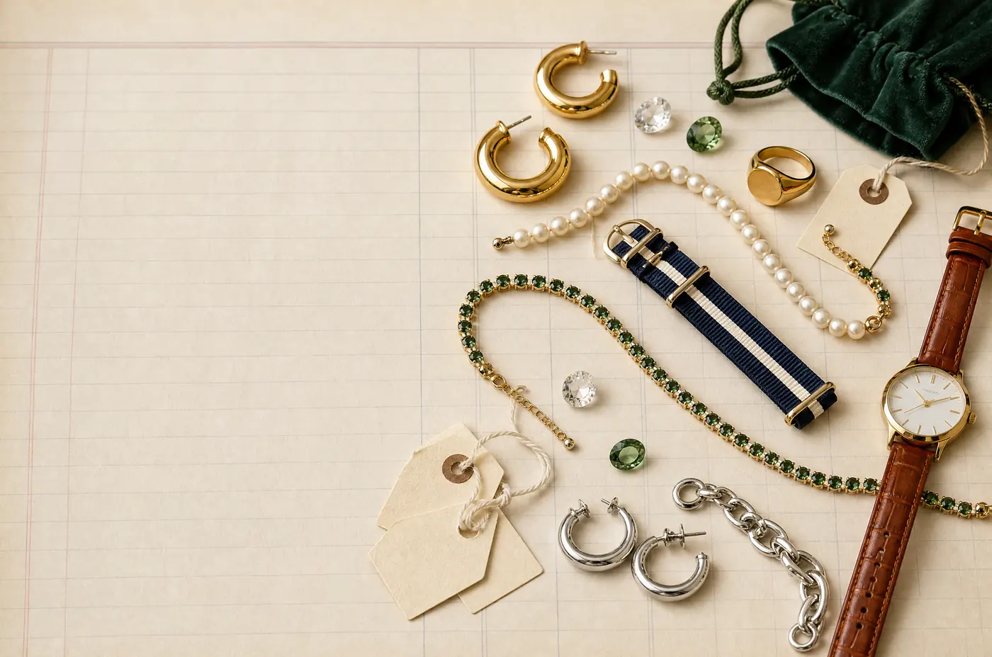 Modeschmuck, Uhrenarmbänder und ein Beutel in Samtoptik auf liniertem Papier