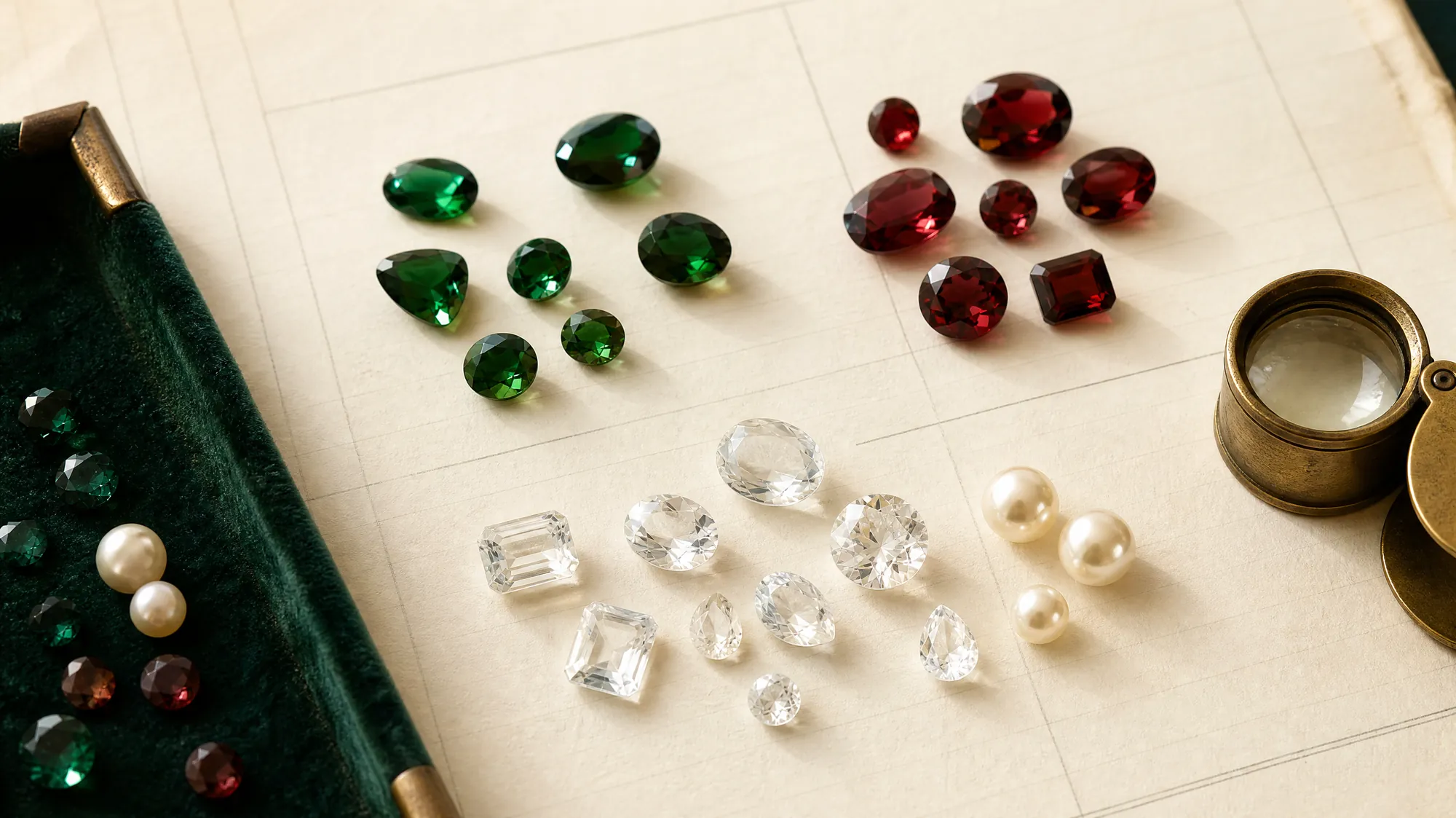 Lose Glassteine, nach Farbe sortiert, neben einer Messinglupe