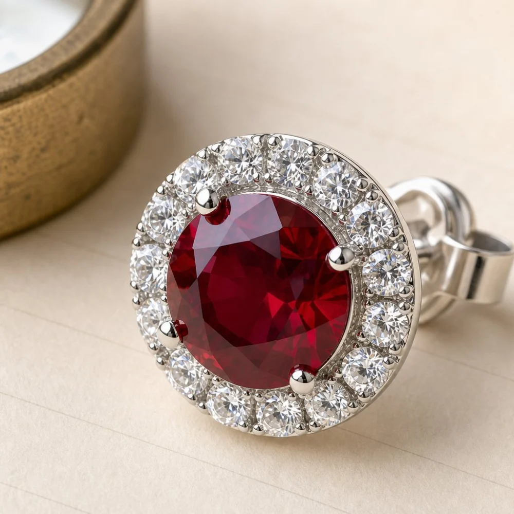 Red Glass Stone Halo Studs, view 2