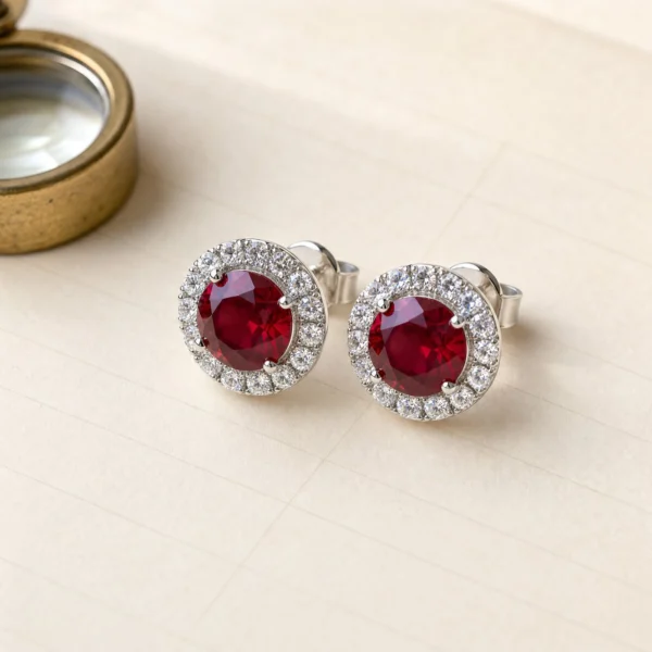 Red Glass Stone Halo Studs