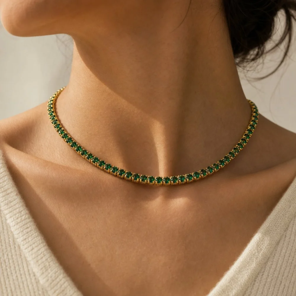 Green Glass Stone Tennis Necklace, view 2