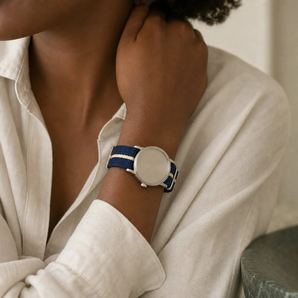 Single-Pass Nylon Strap — Navy & Cream, view 2